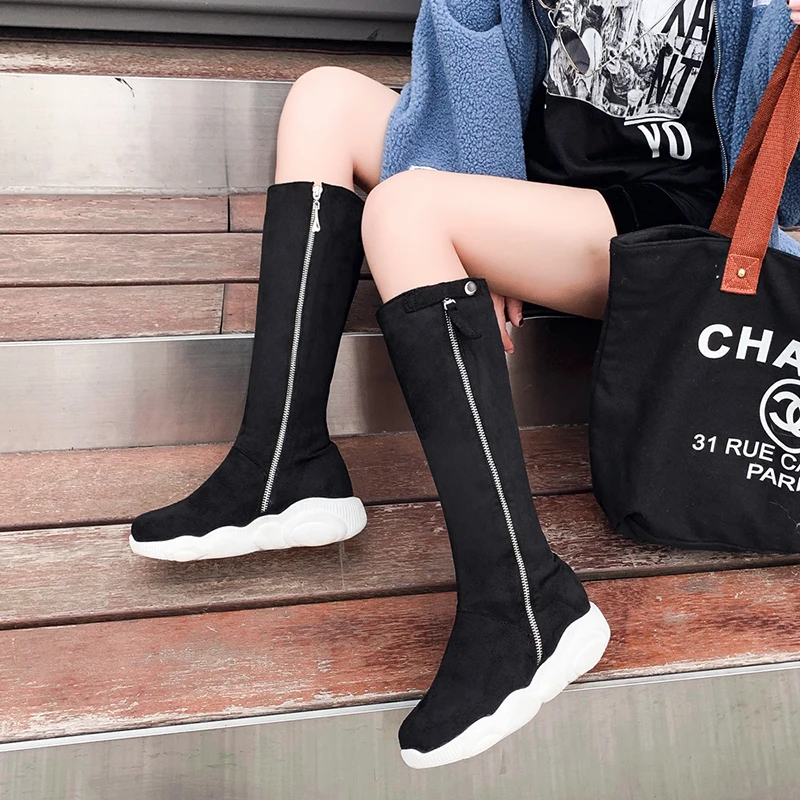 

Autumn Winter Thick Platform Woman Knee High Boots Women Comfortable Boots, Black.white