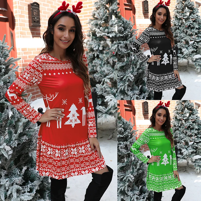 

F21552A 2021 New Slim Long Sleeve Christmas Print Skirt Dress Women Casual Dress, Red, green