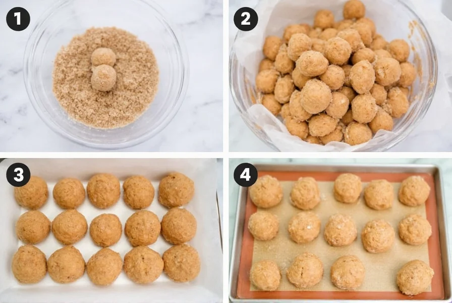 Step-by-step process showing ginger snap dough balls rolled in sugar before baking
