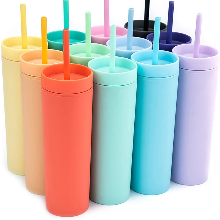 

16oz Skinny Tumbler 2021 Double Walled Acrylic Matte Plastic Bulk Tumbler with Straw and Lid Eco-friendly Water bottles, Customized colors acceptable