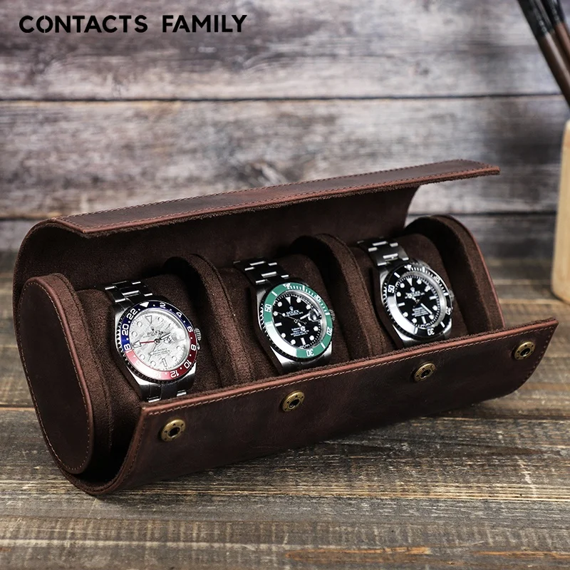 

CONTACT'S FAMILY 3 Slots Luxury Leather Watch Storage Roll Organizer Display Travel Watch Case Box for Individual in Out Watch