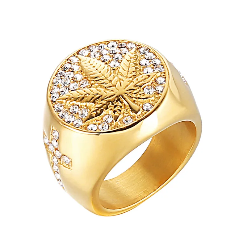 

VRIUA HIP Hop 316L Stainless Steel Iced Out Bling Gold Color Ring Micro Paved Rhinestone Weed Maple leaf Rings for Men Jewelry