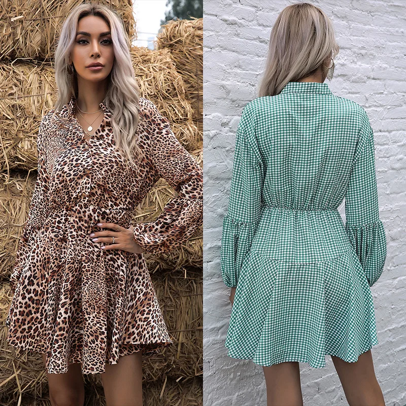

Fashion Stylish Dress Women Mini Ruffle Clothes Elegant Long Sleeve Chiffon Print Plaid Leopard Casual Dresses