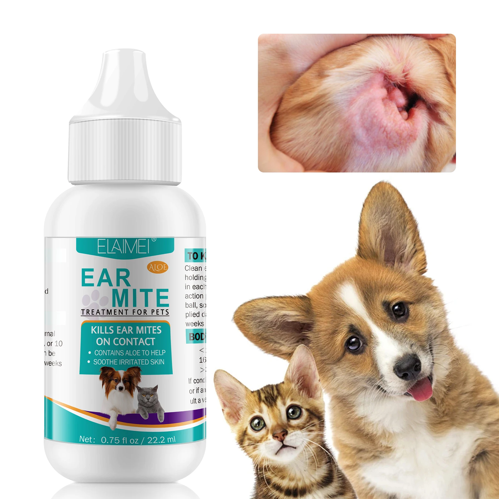 

ELAIMEI reducing itching redness odor mites yeast fungal infections treatment cat dog pet ear cleanerpet ear mite oil