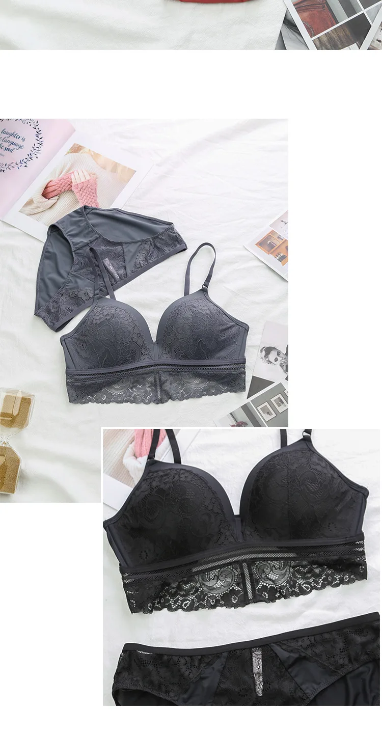 New Model Romantic French Style Sexy Women Girls Triangle Cup Push Up Lace Bralette Bra Set