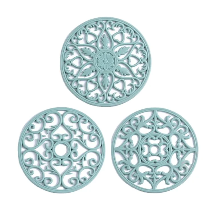 

3Pcs Set Silicone Multi-use Intricately Carved Trivet Mat Coaster Hot Pads Heat-resistant, Blue, pink, grey, green
