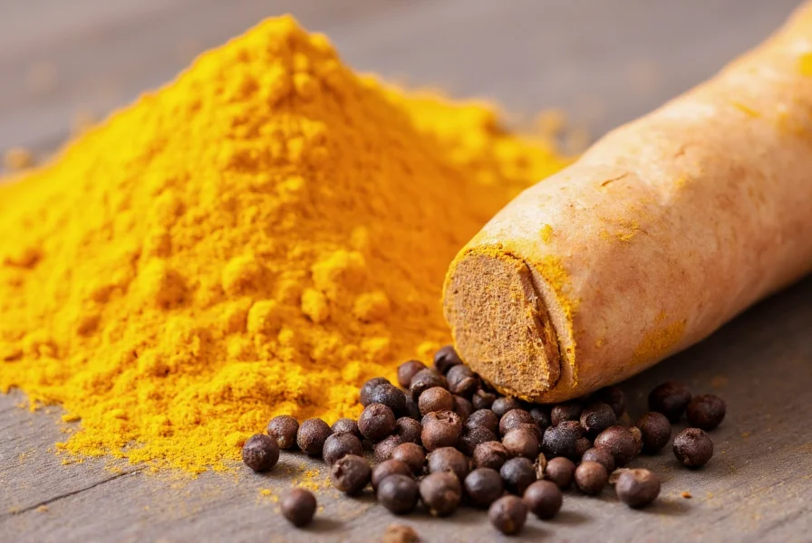 Close-up of fresh turmeric root next to golden powder and black pepper