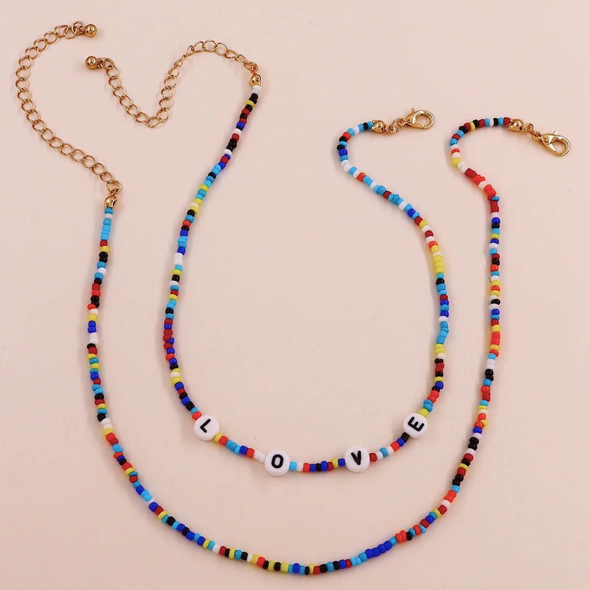

JUHU colorful handmade measle rainbow beads chain necklace cute creative bead woven floral geometric beads set jewelry wholesale, Gold/sliver