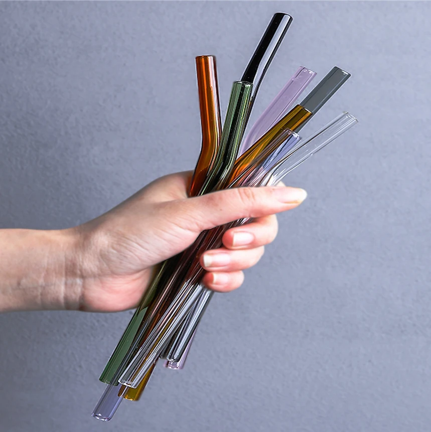 

custom eco reusable color borosilicate bent drinking glass straw packaging