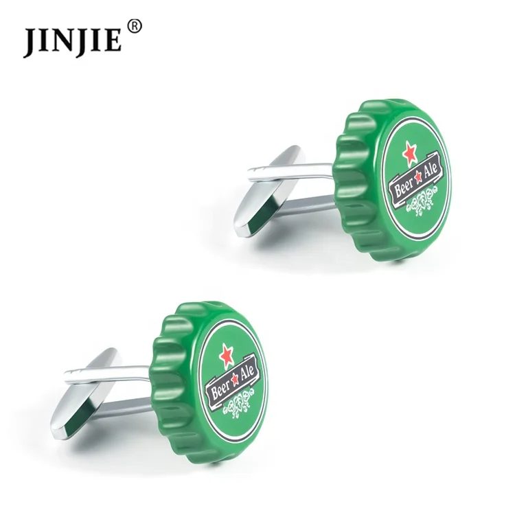 

Best selling funny novelty copper men jewelry green color beer cap cufflinks
