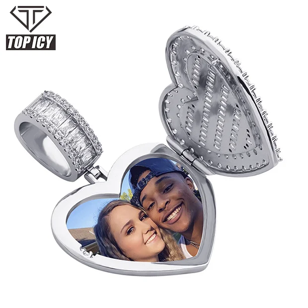 

Hip Hop DIY Customized heart box Iced Out Cubic Zircon silver gold Jewelry Edge Paved Photo Necklace Private Photo Pendant, Silver/gold/rose gold