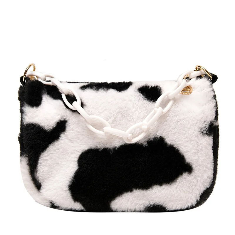 

Cute Purses Winter 2020 Colorful Furry Purse Cow Pattern Handbags Lady Design small fur cow purse