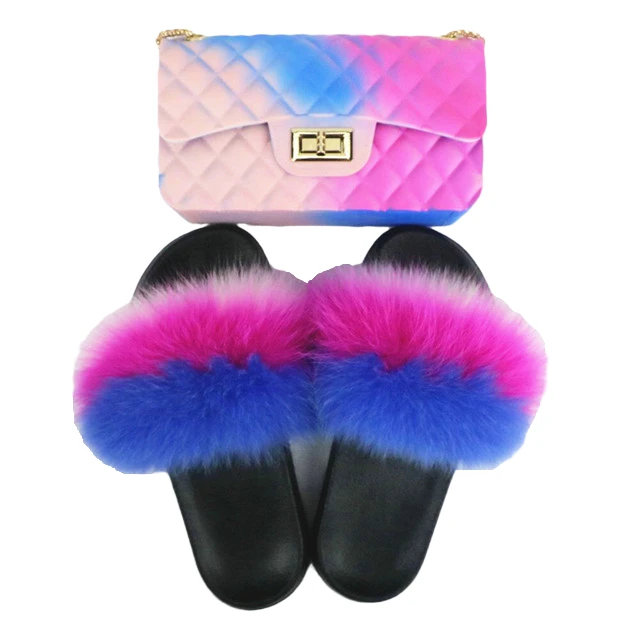 

2021 INS Trendy Small PVC Purse Shoes for women Summer Neon Purse Slides Sets Designer Fur Sandals and Bag Set, Customized color