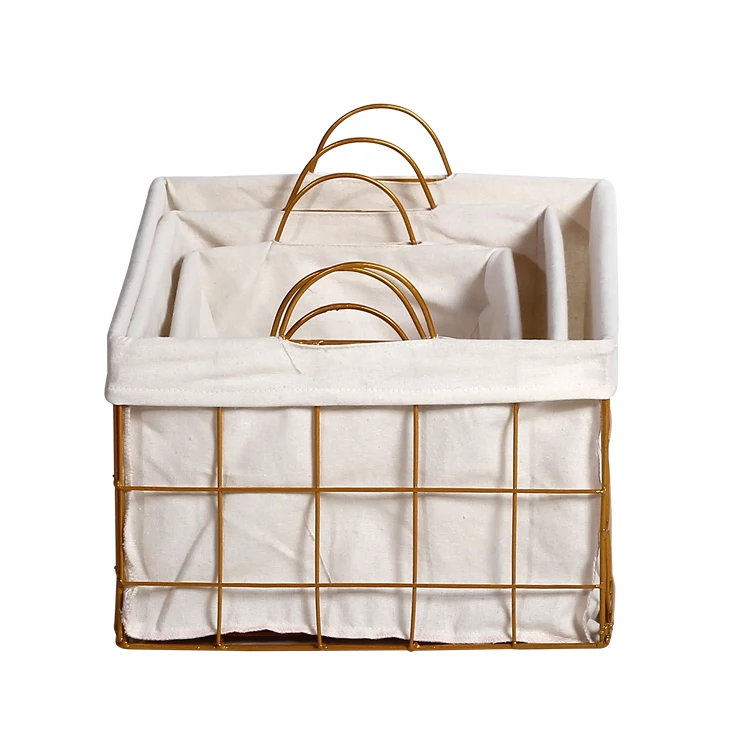 

Gold color stackable metal wire storage basket with liner