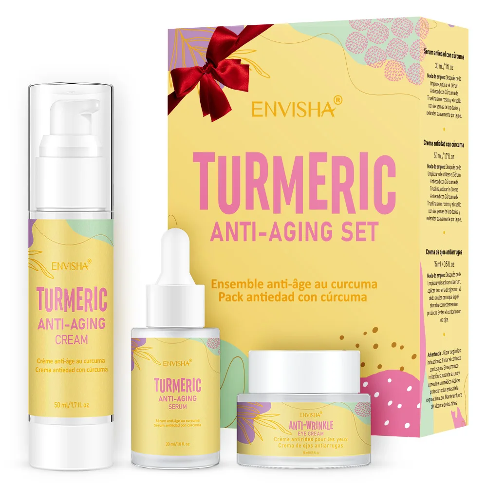 

private label Christmas gift face set turmeric cream oil serum anti aging wrinkle whitening tumeric skin care rejuvenating set, Pink,blue,green