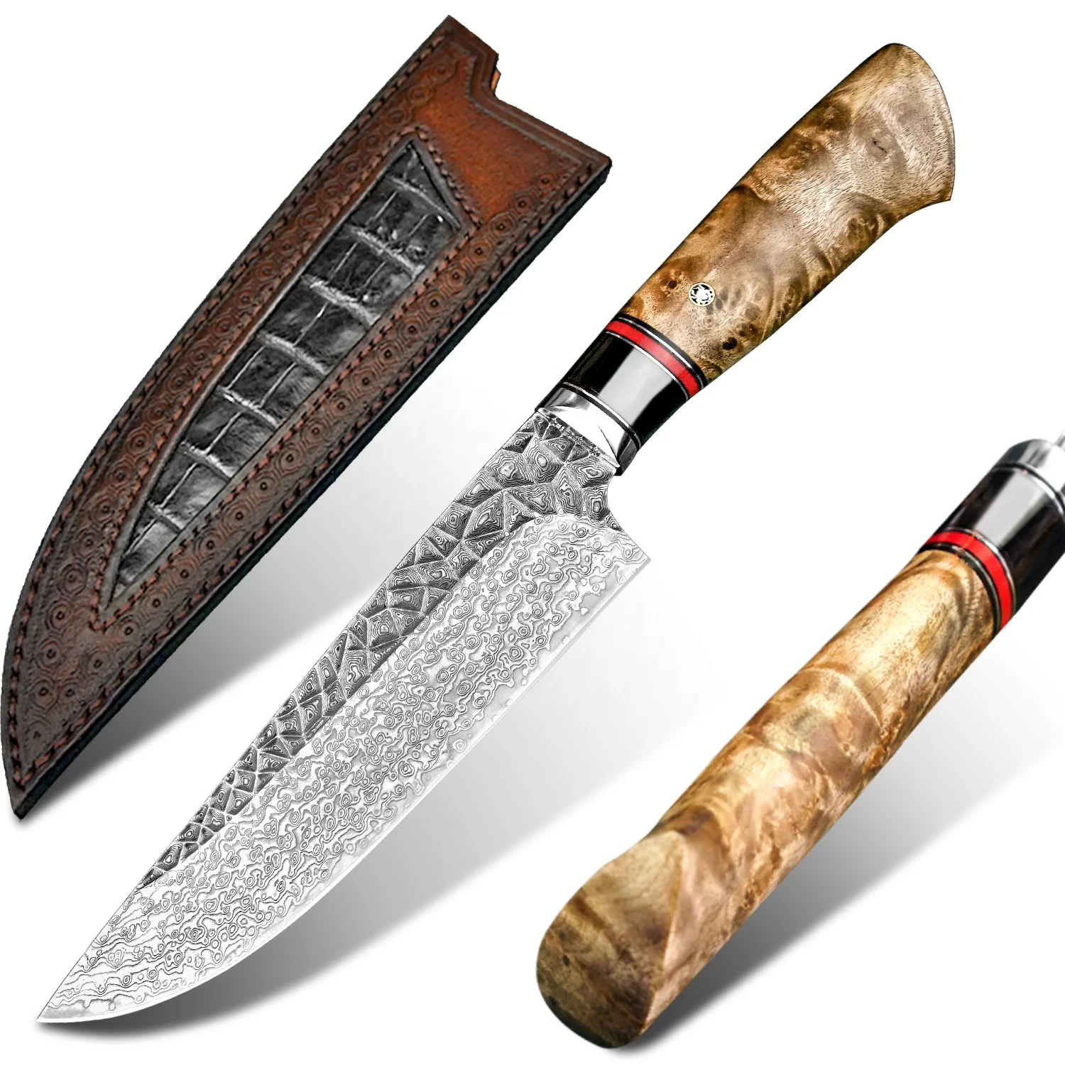 

Handmade 6.8in Burl Stabilized Handle VG10 Damascus Stainless Steel Blade Japanese Kitchen Chef Knife with Leather Sheath