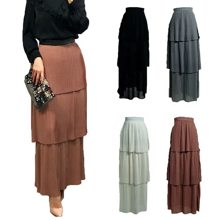 

Wholesale muslim pleated maxi skirt women islamic high waist skirts ladies casual chiffon skirts, Black, khaki, beige, gray