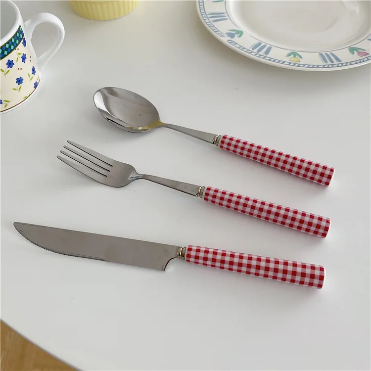 

SYL Korea ins French Blue Red Plaid Ceramic Handle Knife Fork Spoon Tableware Dessert Fork Steak Knife And Fork
