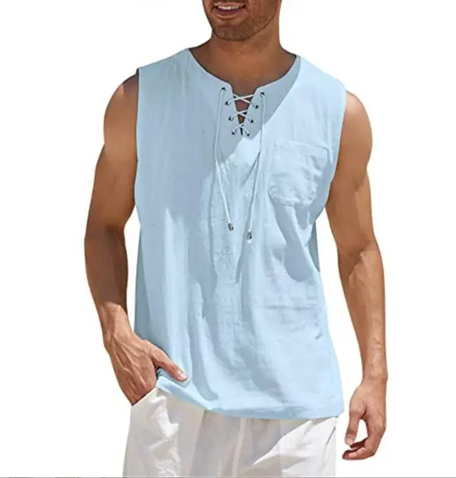 Summer Hot Selling New Men's Cotton and Linen Shirt Solid Color Fashionable Sleeveless Lace up Casual Shirt