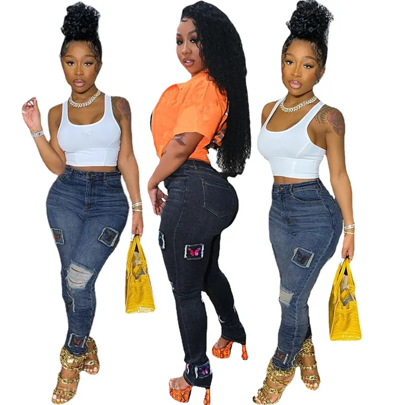 

B54575A New arrival women fashion ripped patch tight denim pants
