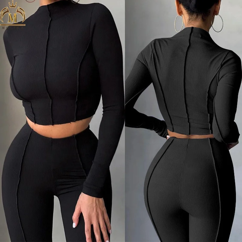 

Designer Clothes Famous Brands Spring Women Casual Sporty Outfits Crop Top+Leggings Fitness Ribbed Two Piece Pants Set Women, Picture