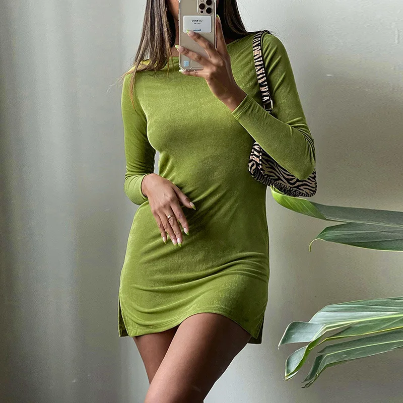 

New Style Fall Sexy Lady's Green Color Knitted Slim Backless Elegant Evening Dress