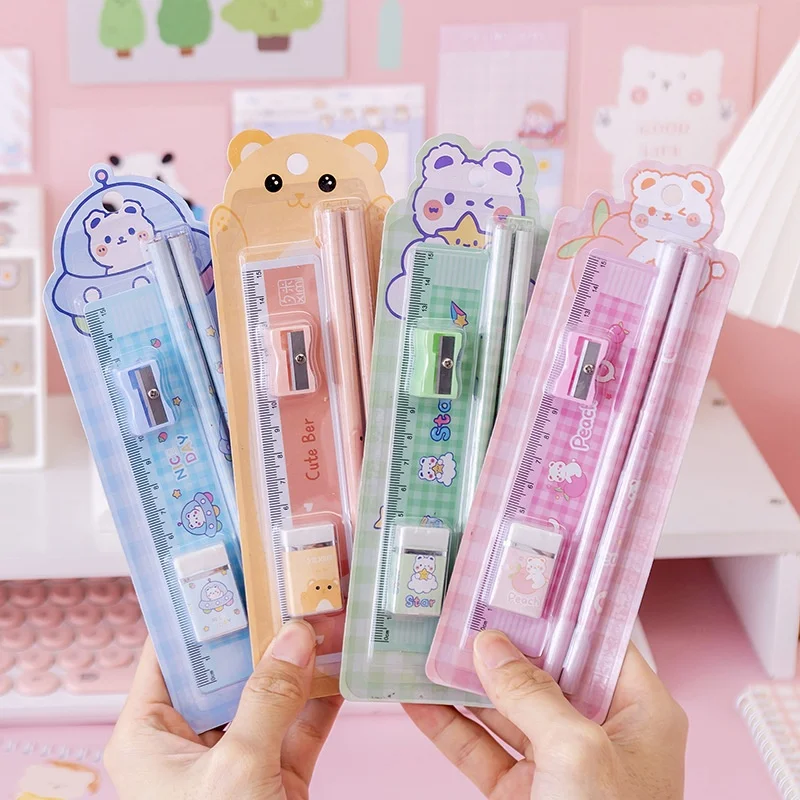 

School kids gifts cartoon cute ruler erasers sharpener pencil stationery set