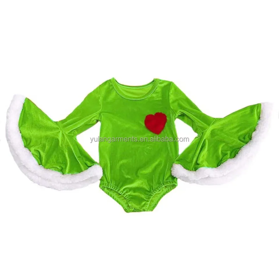 

Christmas Lime Green Velvet Fabric Baby Bell Sleeve Leo Girls Romper Flared Sleeves With Fur Edge Embroidery Heart Kids Leotards