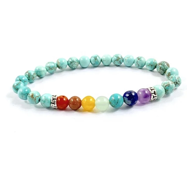 

Gemstone 6mm Turquoise bracelet with chakra stones packaged in cellophane bag hot item