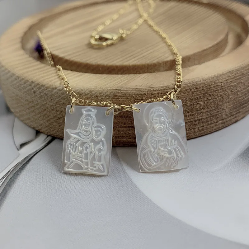 

Natural Sacred Heart of Jesus Shell Trend Mother of Pearl Necklace, Gold, silver