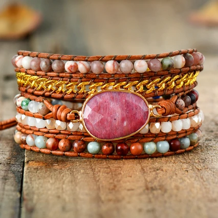 

Leather Craft Golden Link Chain Women Bangle Charm Pink Rhodonite Crystal Jasper Wrap Bracelet Free Shipping Bracelet