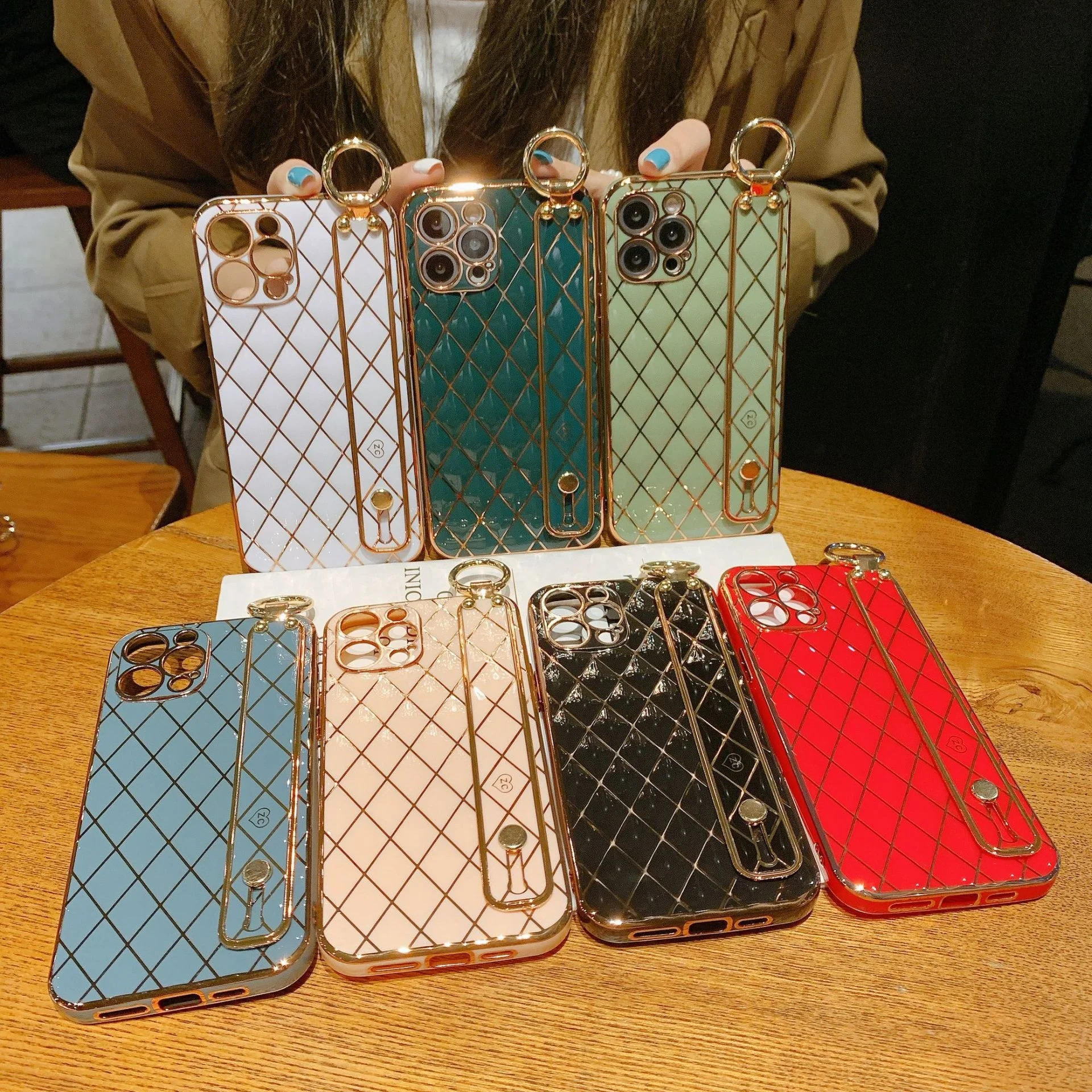 

luxury new wristband plating grid phone case for iphone 12 12mini xs xr x fashion wristband phone case