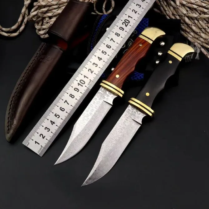 

60HRC Ebony Handle Damascus Steel Knife VG10 Outdoor Rescue Knives Survival Tool with Leather sheath Dropshipping