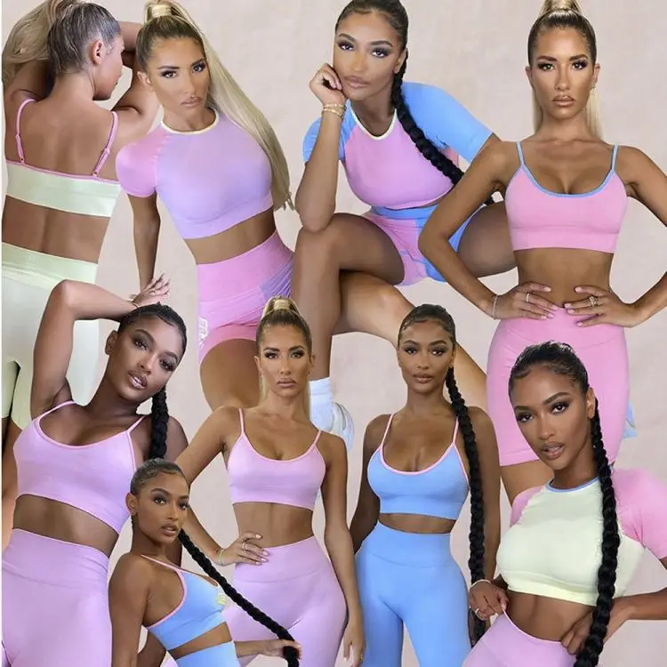 

Women Gym Leggings 2 Tone Colors Block Active Set Yoga Suit Wear 4 Pieces Seamless Rib Fitness Sports Bra High Quality Custom