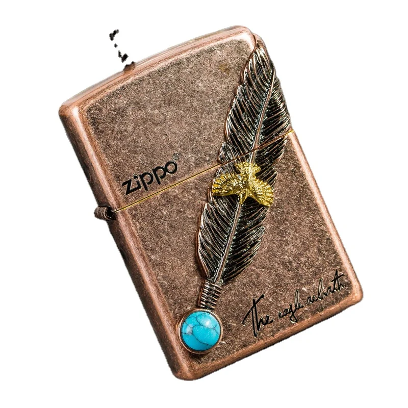 

2021 factory silk smoking Feather Metal Enchased Refillable Windproof Zippo Lighter