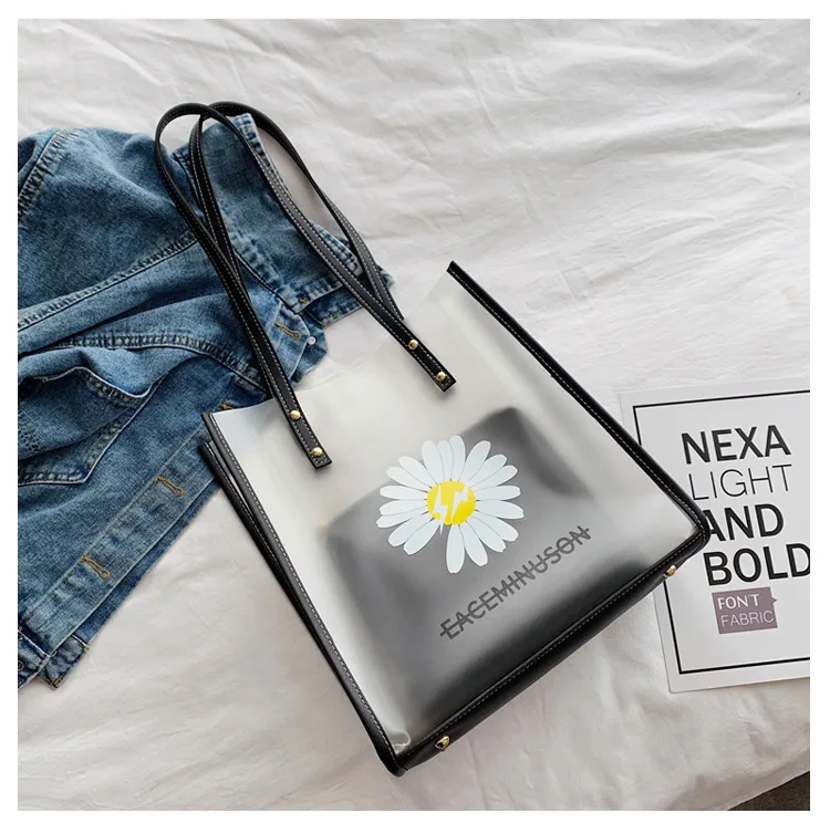 

2021Luxury Custom Daisy Printed Girls Transparent PVC Shopping Large Tote Bag Frosted Sunflower Candy Color Jelly Lady Handbag