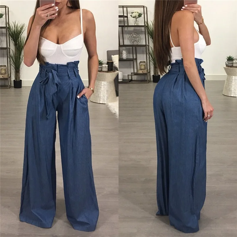 

B62249A Autumn/winter 2019 European and American women's wear nightclubs high-waisted high-stretch wide-leg pants, Khaki/black/wine red/blue