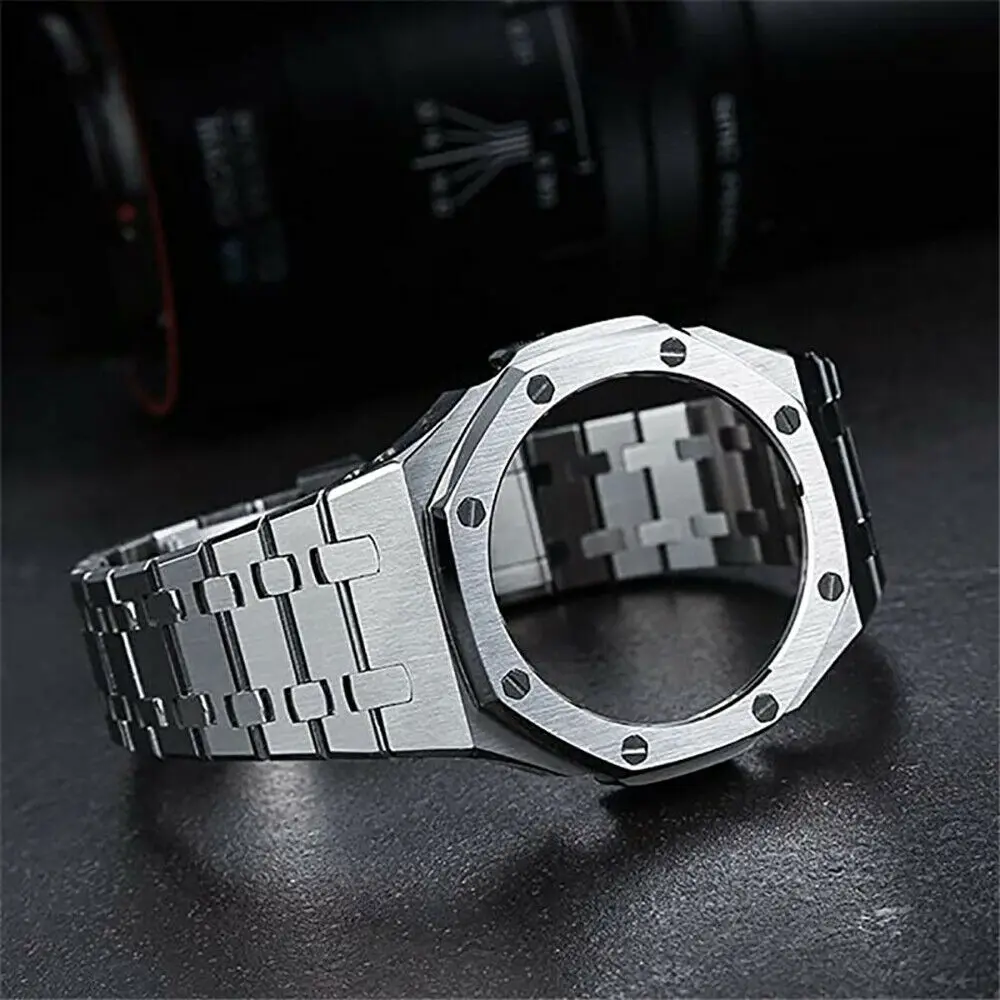 

3rd New Luxury Stainless steel watch band AP metal strap bezel case for GA2100 Generation watch band case set, Black gold silver