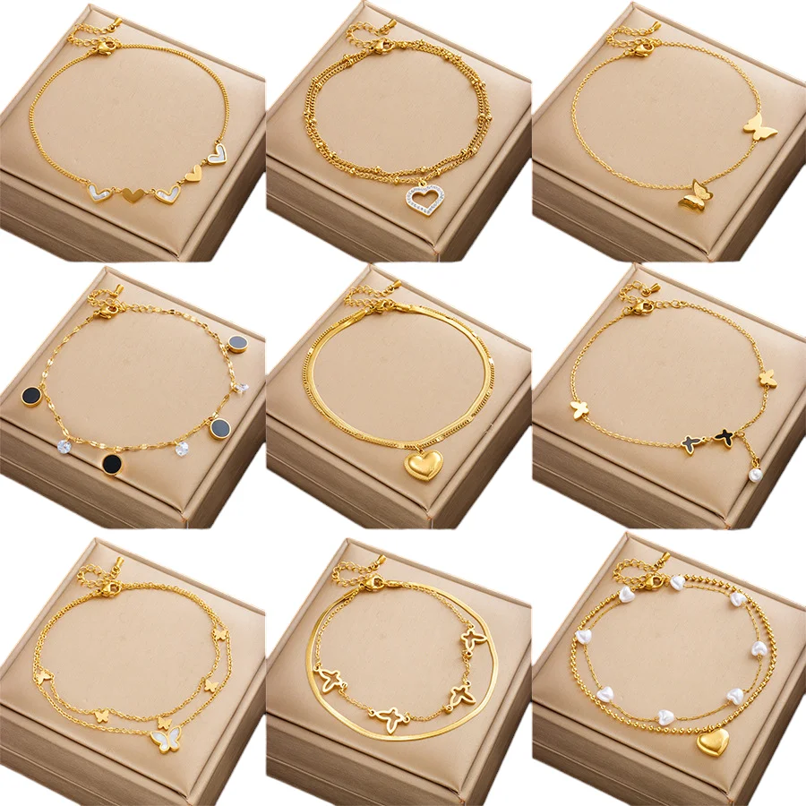 Wholesale Waterproof Delicate 18K Gold Plated Non-Tarnish Heart Butterfly Stainless Steel Charm Bracelet for Women Jewelry