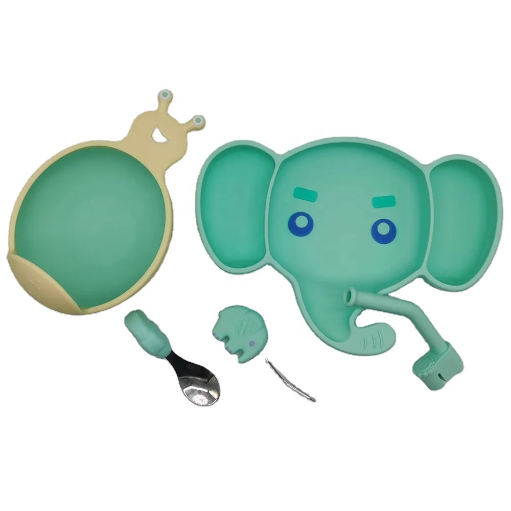 

Green Cute Elephant Shape 5 in 1 Feeding Set Dishwasher Safe Silicone Baby plate silicon Two-color Bowl Spoon Fork Straw for Kid, Blue,yellow,pink,purple,green,customization