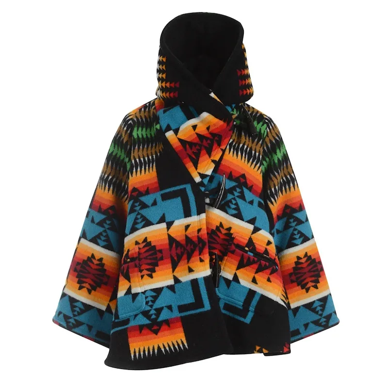 

European and American Autumn and Winter Women's Long-sleeved hat Coat Print Coat