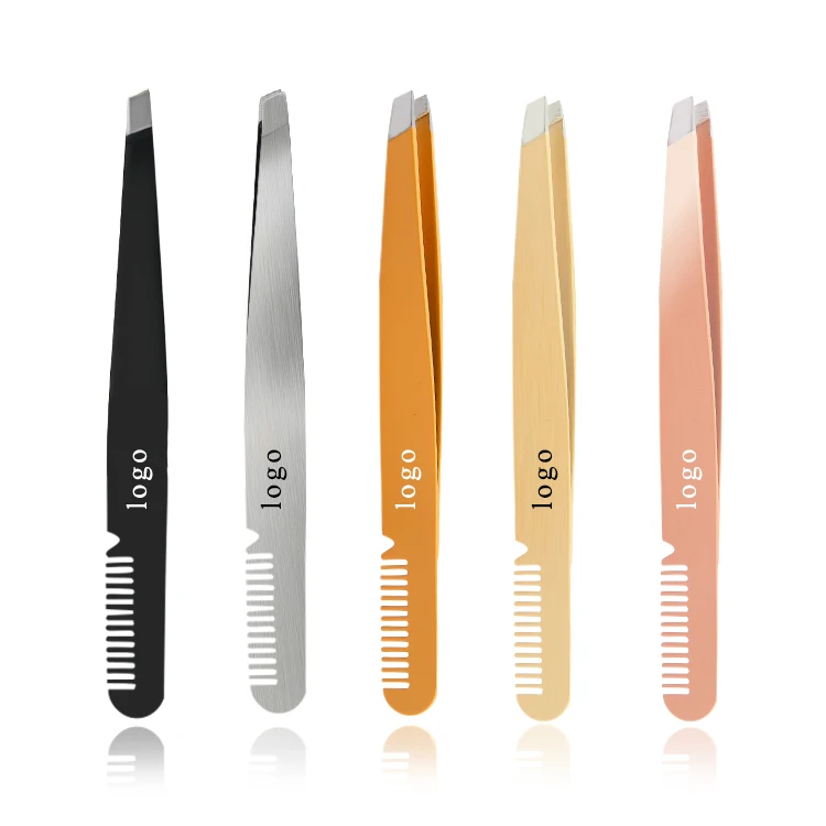 

Wholesale High Quality Stainless Steel Custom Logo Eyebrow Tweezers with Comb Eyelash Extension Tools