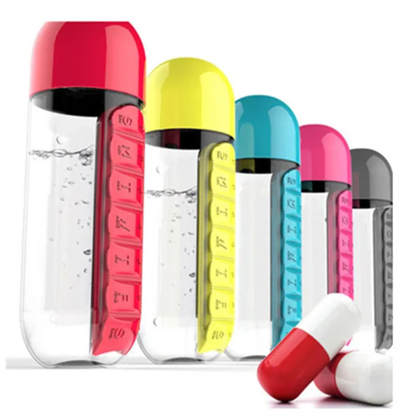 

Multifunctional 2 In 1 Portable 7 Days Outdoors Weekly Pill Organizer Water Bottle With Pill Organizer Plastic Sport, Black, pink, yellow, blue, red