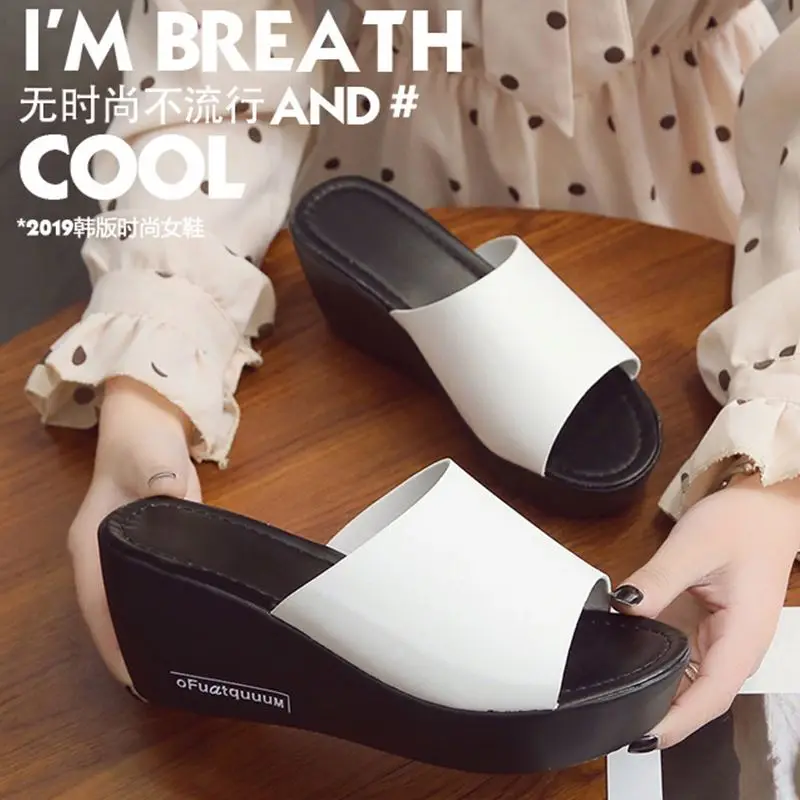 

slippers thick bottom women's shoes stylish wedge platform white sandals, White, black