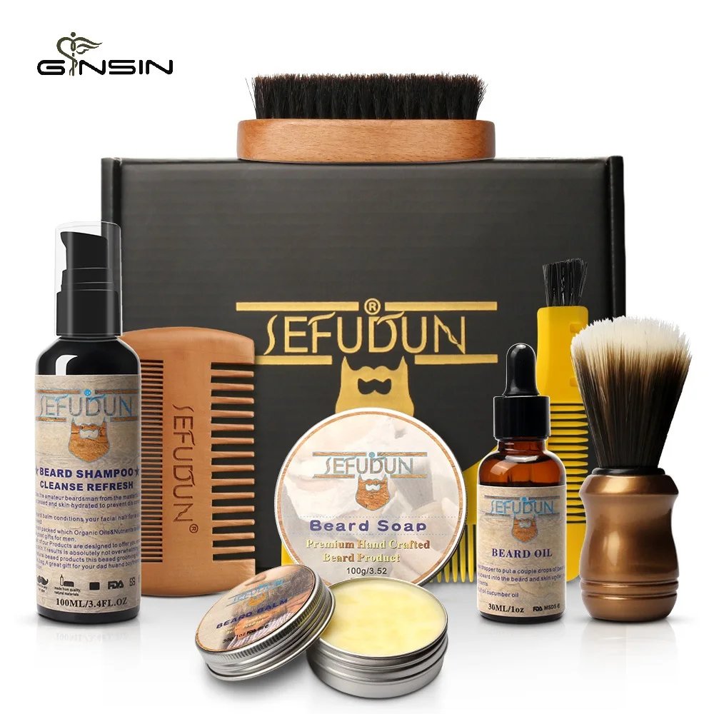 

Private Label New Arrival 8 Items Set Beard Brush Oil Balm Beard Comb Beard Grooming Kit