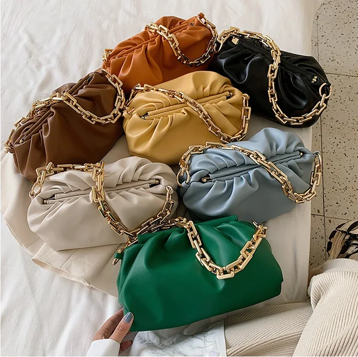 

Women Fashion Cloud Hand Bags Pleated Underarm Shoulder Bag With Gold Chain, As pic