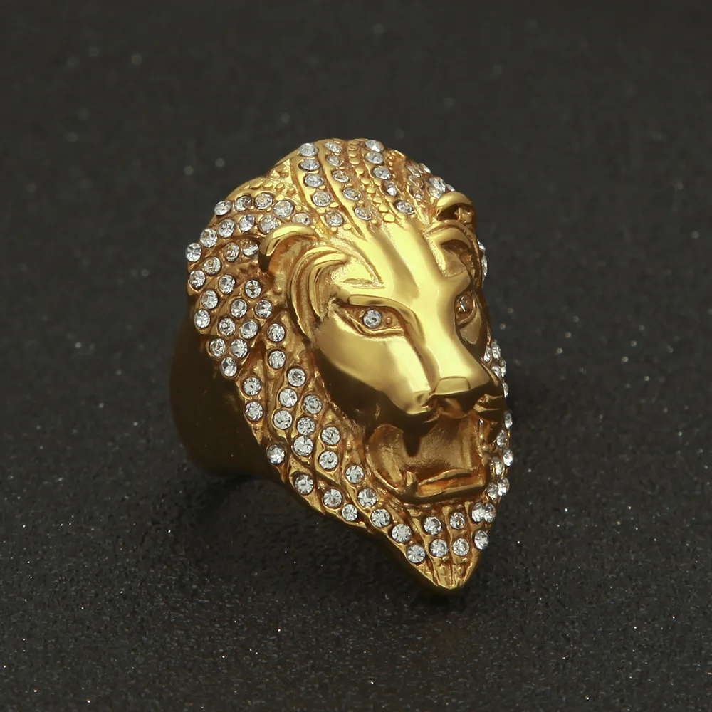 Micro Pave Rhinestone Iced Out Bling Lion Head Mens Ring IP Gold Filled Titanium Stainless Steel Rings for Men Jewelry