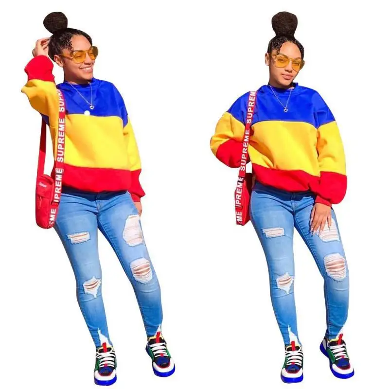 

Fashion fall winter women clothes casual loose patchwork long sleeve plus size fleece top hoodies for women
