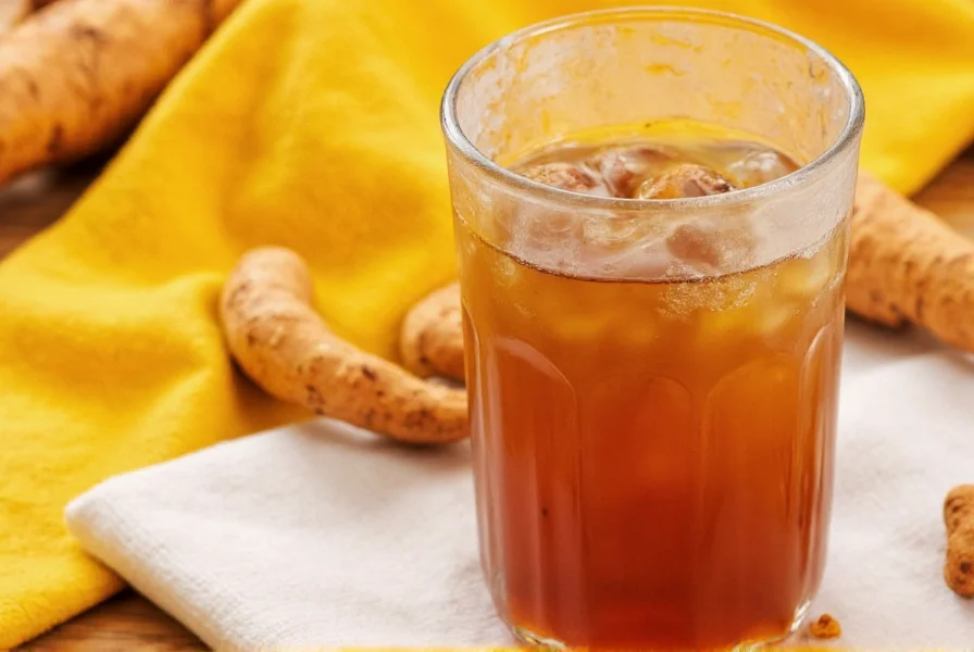 Turmeric root and prepared turmeric tea showing golden color