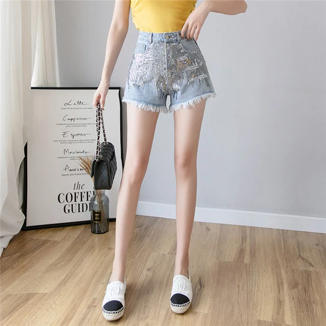 

Personalized Fashion Sequins Raw Edge Summer High Waist Slim Loose Wide-leg Denim Shorts, Picture color